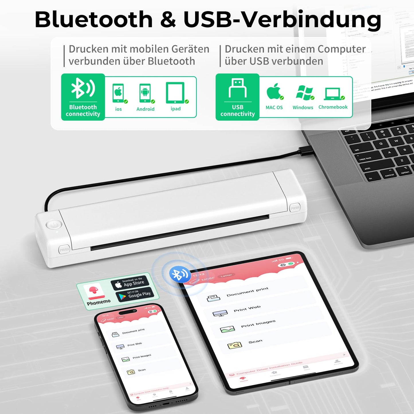 Betife Tragbarer Mobiler Drucker A4 Bluetooth Mini Drucker für die Reise, Kabelloser Thermodrucker ohne patronen unterstützt Thermopapier 210 x 297mm, Kompatibel mit Android iOS Mac (Weiß)