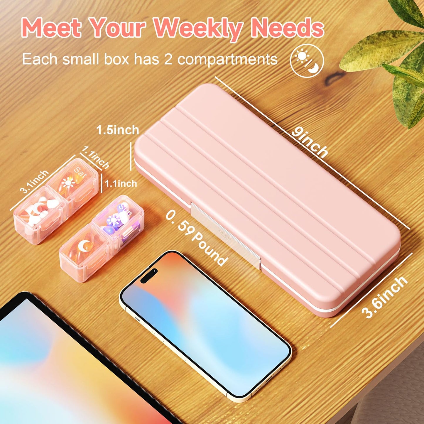 Betife Weekly Pill Organizer 2 Times a Day,7 Day Travel Pill Box,AM/PM pill case for Vitamins, Medication, Supplements and Fish Oils (Pink)
