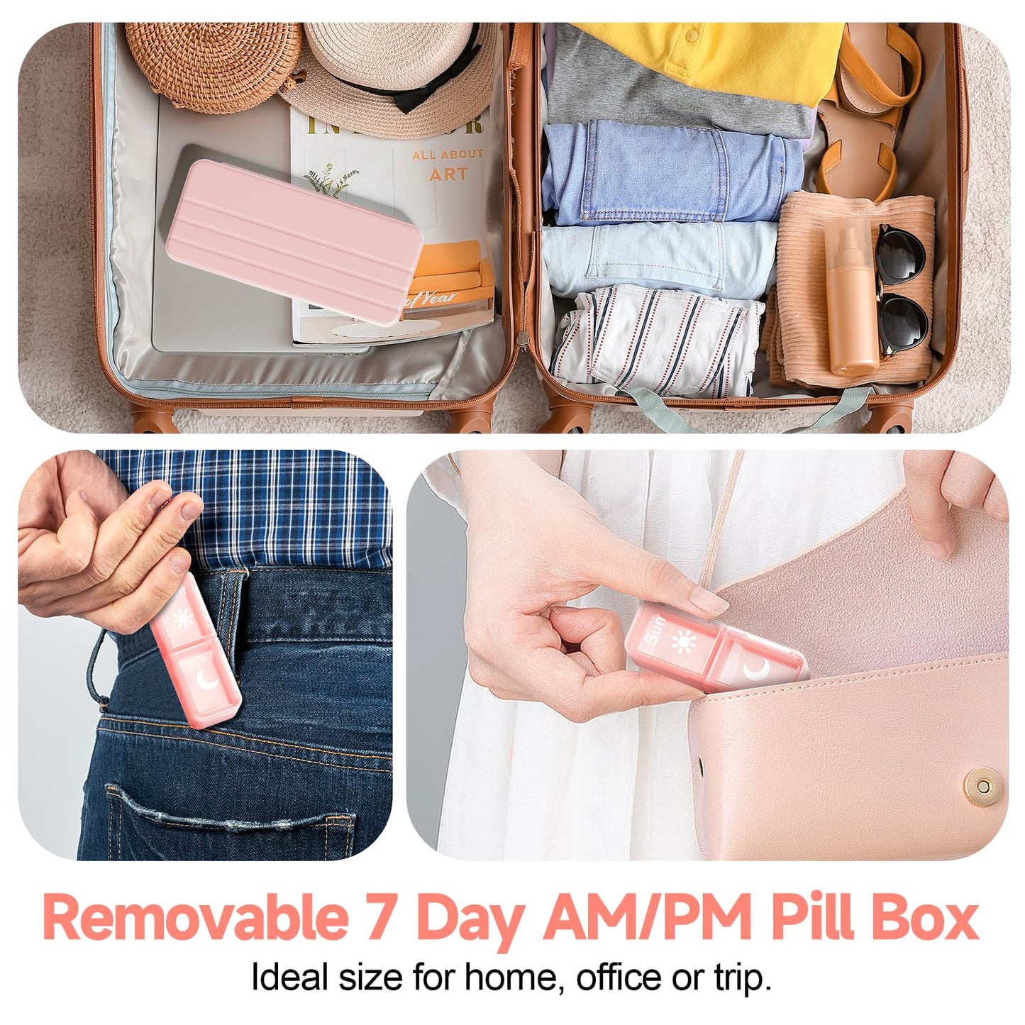 Betife Weekly Pill Organizer 2 Times a Day,7 Day Travel Pill Box,AM/PM pill case for Vitamins, Medication, Supplements and Fish Oils (Pink)