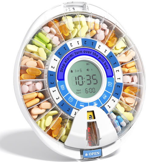 Betife 2nd Gen Automatic Pill Dispenser for Elderly with Alarm – 28 Slots, Key Locked, Alarm & Light Reminder, Mix-Proof, XL Display, 6 Dosage Rings，Easy Setup for Daily Medication