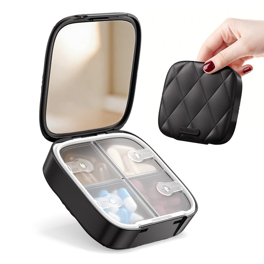Betife Travel Pill Organizer for Purse, Small Cute Pill Box with Mirror, 4 Large Compartment Pill Case, Waterproof Medicine Container, Portable Vitamin Case BPA-Free (Classic Black)