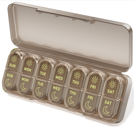 Betife AM PM Pill Organizer 7 Day, Weekly Pill Organizer 2 Times a Day, Daily Pill Box AM PM, Portable Travel Medicine Case, Day and Night Pill Container for Medication, Vitamin or Supplement（Brown）