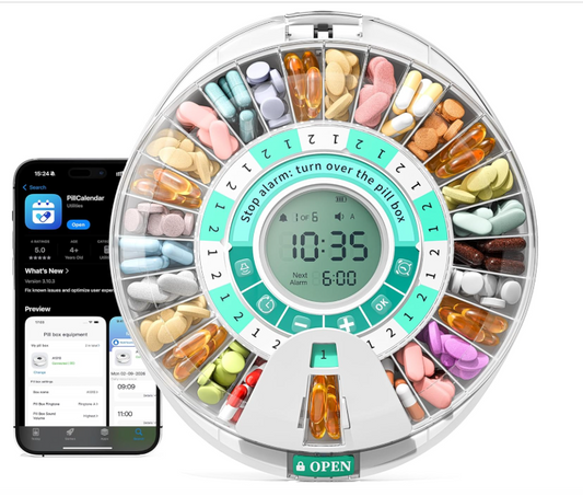 Betife Automatic Pill Dispenser,28-Day Smart Bluetooth Pill Box, App Support Automatic Pill Case with 6 Alarms & Light Reminder, Monthly Timer Dispenser,Electronic Medication Management for Seniors