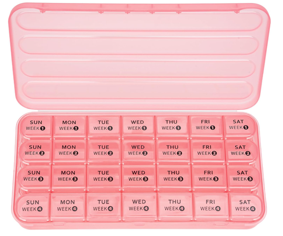 Betife Monthly Pill Organizer 1 Time a Day, 4 Weekly Pill Box Organizer Once a Day, 28 Day Large Pill Case for Travel, 28 Day Daily Medcine Container for Vitamins, Supplement & Medication (Pink)