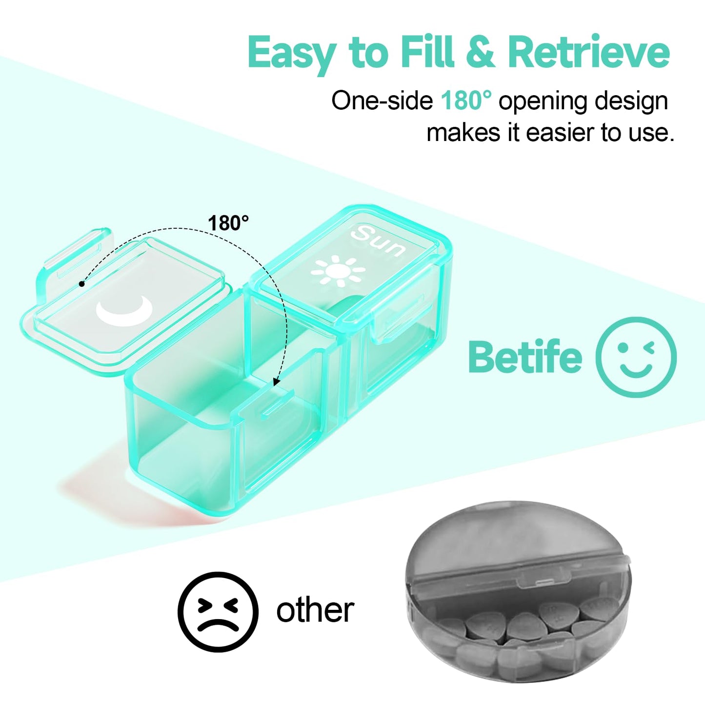 Betife Weekly Pill Organizer 2 Times a Day,7 Day Travel Pill Box,AM/PM Pill case for Vitamins, Medication, Supplements and Fish Oils (Green)