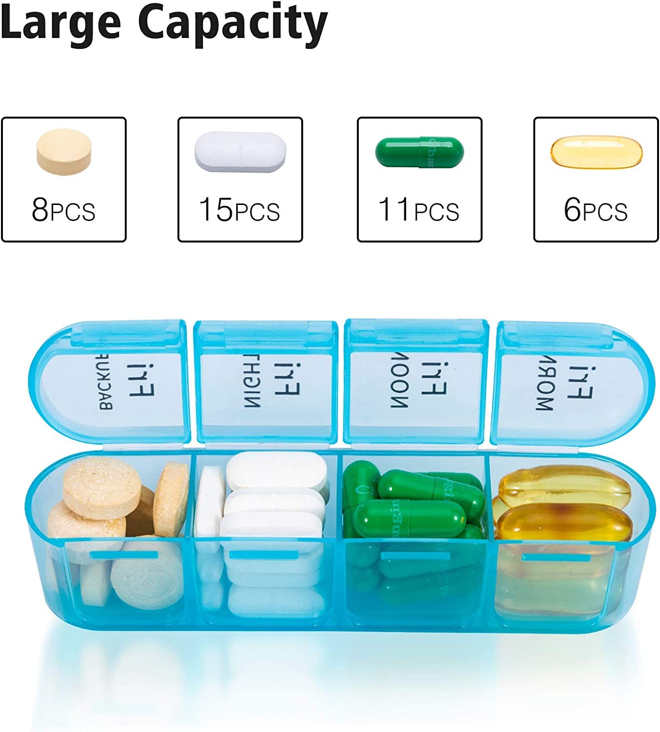 Pill Box 4 Times a Day, Betife Weekly Pill Box Organisers, 7 Day Tablet Organiser, Daily Pill Dispenser 7 Day 4 Compartments, Tablet Box for Medication, Vitamins and Supplements (Transparent)