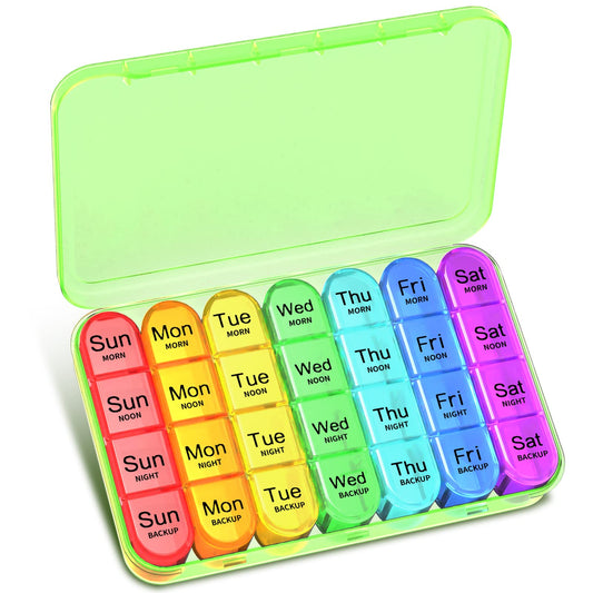 Pill Box 4 Times a Day, Betife Weekly Pill Box Organisers, 7 Day Tablet Organiser, Daily Pill Dispenser 7 Day 4 Compartments, Tablet Box for Medication, Vitamins and Supplements (Green)