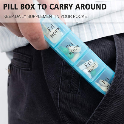 Pill Box 4 Times a Day, Betife Weekly Pill Box Organisers, 7 Day Tablet Organiser, Daily Pill Dispenser 7 Day 4 Compartments, Tablet Box for Medication, Vitamins and Supplements (Transparent)