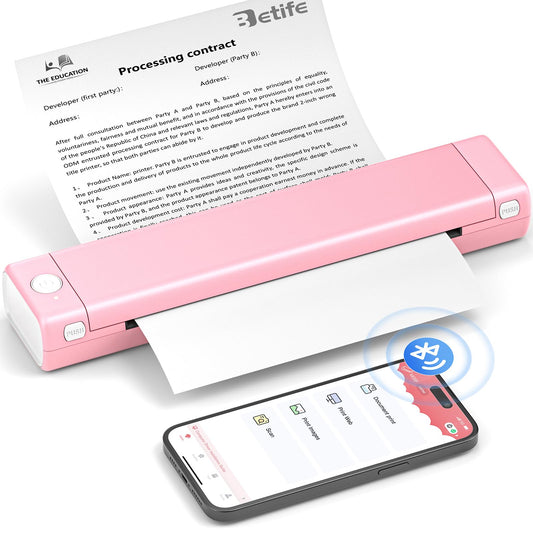 Betife Tragbarer Mobiler Drucker A4 Bluetooth Mini Drucker für die Reise, Kabelloser Thermodrucker ohne patronen unterstützt Thermopapier 210 x 297mm, Kompatibel mit Android iOS Mac (Rosa)