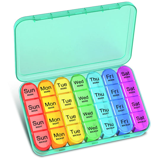 Pill Box 4 Times a Day, Betife Weekly Pill Box Organisers, 7 Day Tablet Organiser, Daily Pill Dispenser 7 Day 4 Compartments, Tablet Box for Medication, Vitamins and Supplements (Cyan)