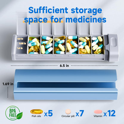 Pill Organizer 7 Day, Betife Upgrade Premium Aluminum Alloy Daily Pill Box, Weekly Travel Pill Case, Cute Pill Holder to Hold Vitamins, Medicines, Pills, Supplements (Blue)