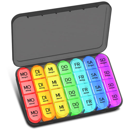 Tablettenbox 7 Tage Morgens Mittags Abends Nachts, Betife Pillendose 7 Tage 4 Fächer, Medikamentenbox 7 Tage, Pillenbox Groß, Tabletten Wochenbox, (Schwarz)