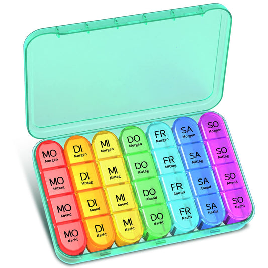 Tablettenbox 7 Tage Morgens Mittags Abends Nachts, Betife Pillendose 7 Tage 4 Fächer, Medikamentenbox 7 Tage, Pillenbox Groß, Tabletten Wochenbox, Pillendose 7 Tage 4 Fächer (Cyan)