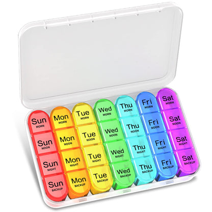 Pill Box 4 Times a Day, Betife Weekly Pill Box Organisers, 7 Day Tablet Organiser, Daily Pill Dispenser 7 Day 4 Compartments, Tablet Box for Medication, Vitamins and Supplements (Transparent)