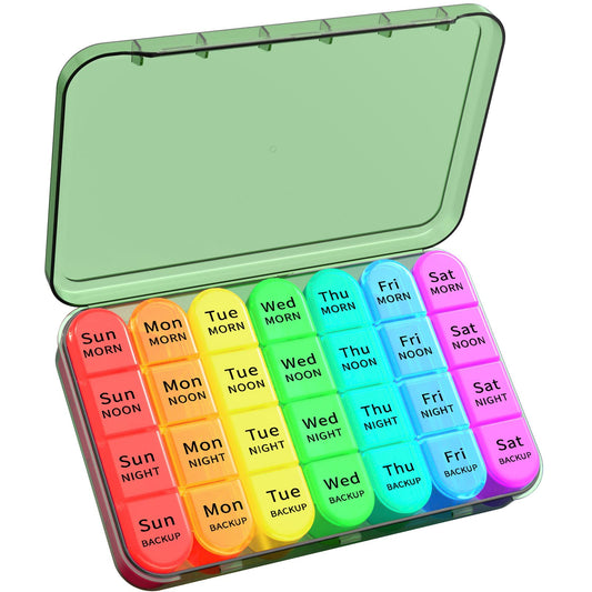 Pill Box 4 Times a Day, Betife Weekly Pill Box Organisers, 7 Day Tablet Organiser, Daily Pill Dispenser 7 Day 4 Compartments, Tablet Box for Medication, Vitamins and Supplements (Olive Green)