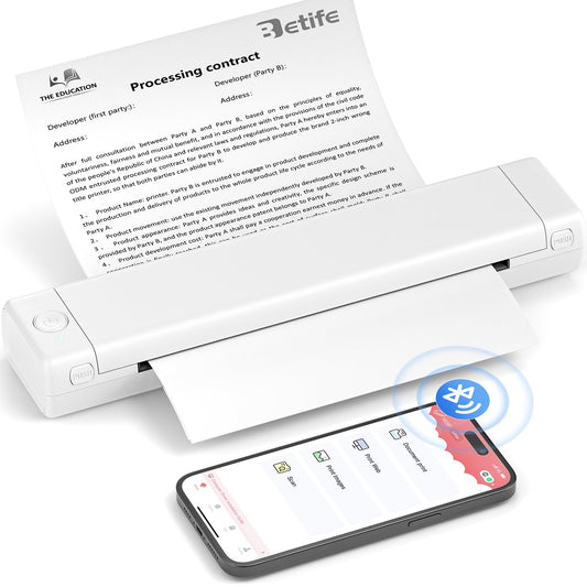 Betife Tragbarer Mobiler Drucker A4 Bluetooth Mini Drucker für die Reise, Kabelloser Thermodrucker ohne patronen unterstützt Thermopapier 210 x 297mm, Kompatibel mit Android iOS Mac (Weiß)