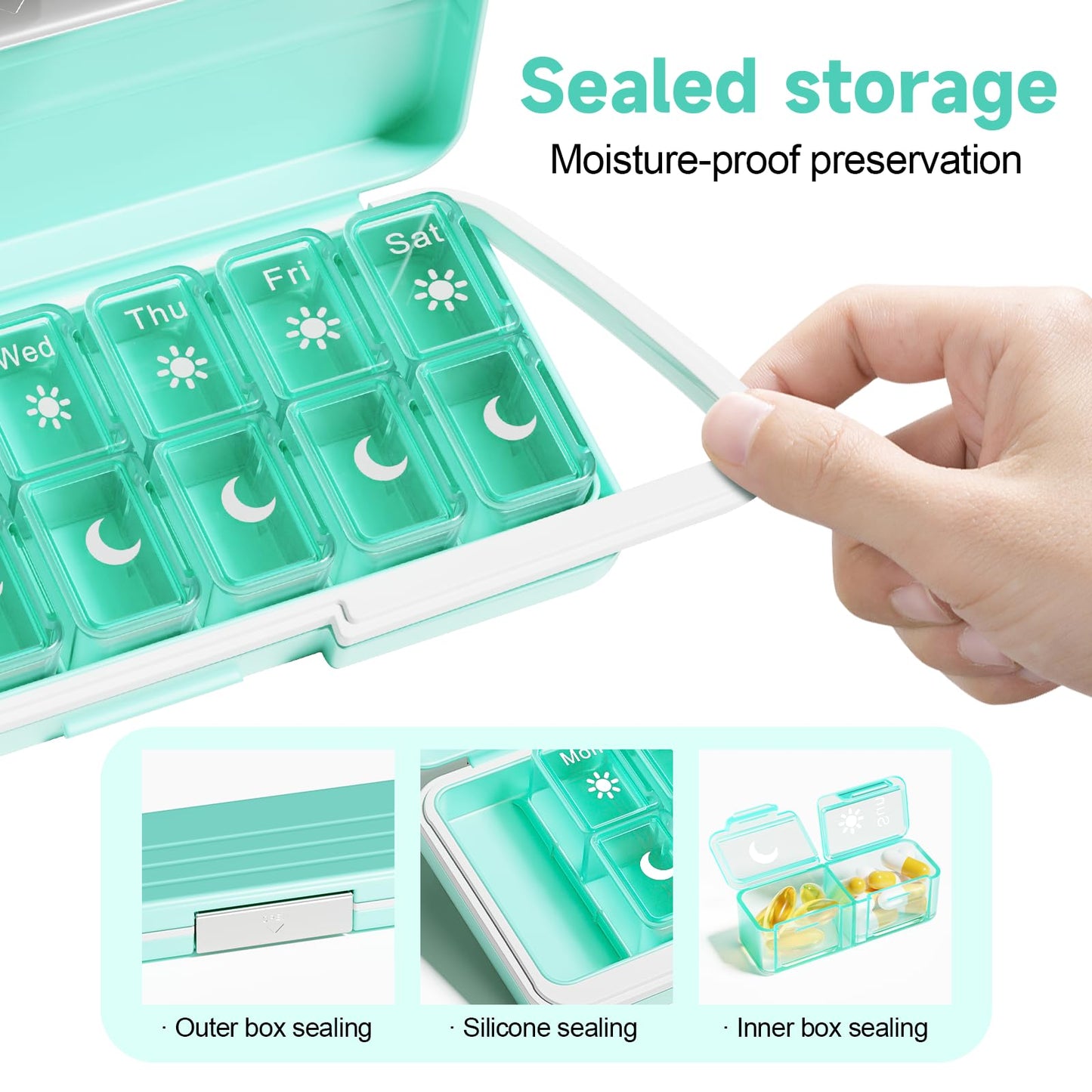 Betife Weekly Pill Organizer 2 Times a Day,7 Day Travel Pill Box,AM/PM Pill case for Vitamins, Medication, Supplements and Fish Oils (Green)