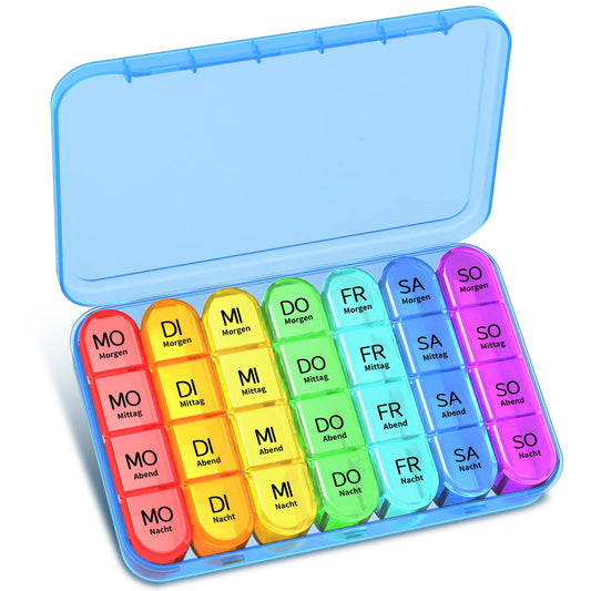 Tablettenbox 7 Tage Morgens Mittags Abends Nachts, Betife Pillendose 7 Tage 4 Fächer, Medikamentenbox 7 Tage, Pillenbox Groß, Tabletten Wochenbox, Pillendose 7 Tage 4 Fächer (Blauer)