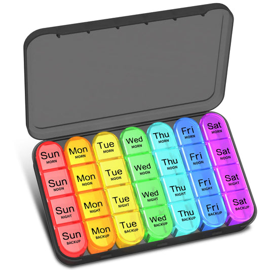 Pill Box 4 Times a Day, Betife Weekly Pill Box Organisers, 7 Day Tablet Organiser, Daily Pill Dispenser 7 Day 4 Compartments, Tablet Box for Medication, Vitamins and Supplements (Black)