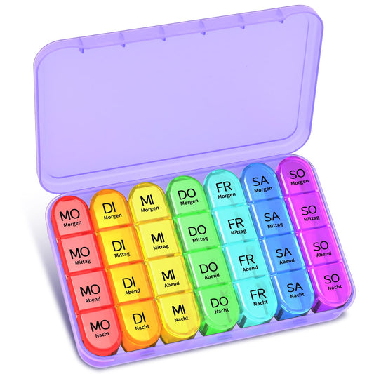 Tablettenbox 7 Tage Morgens Mittags Abends Nachts, Betife Pillendose 7 Tage 4 Fächer, Medikamentenbox 7 Tage, Pillenbox Groß, Tabletten Wochenbox, Pillendose 7 Tage 4 Fächer (Lila)